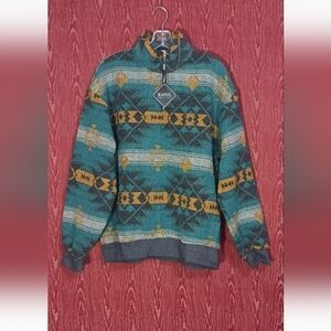 ZAFUL Teal/Gold Patterned Ethnic Aztec Jacquard Sweatshirt 1/2 Zip Sz Large